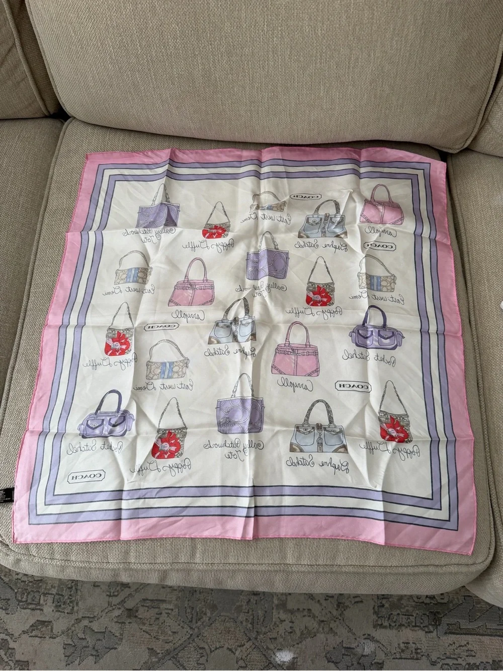 Coach Pink & Purple Handbag Print Silk Scarf - Picture 2 of 4